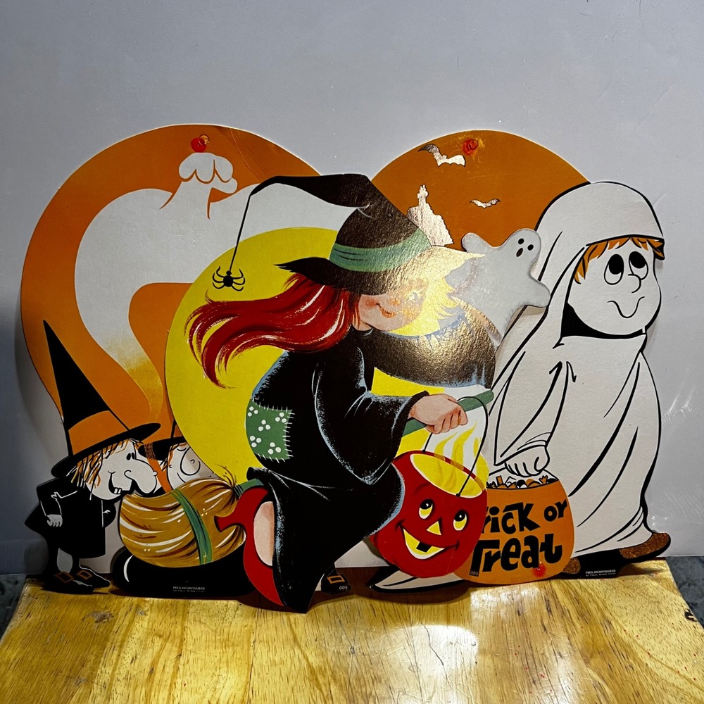 Peck Inc Vintage Halloween Die Cut Decorations Orange Retro Witches Ghost Set 3